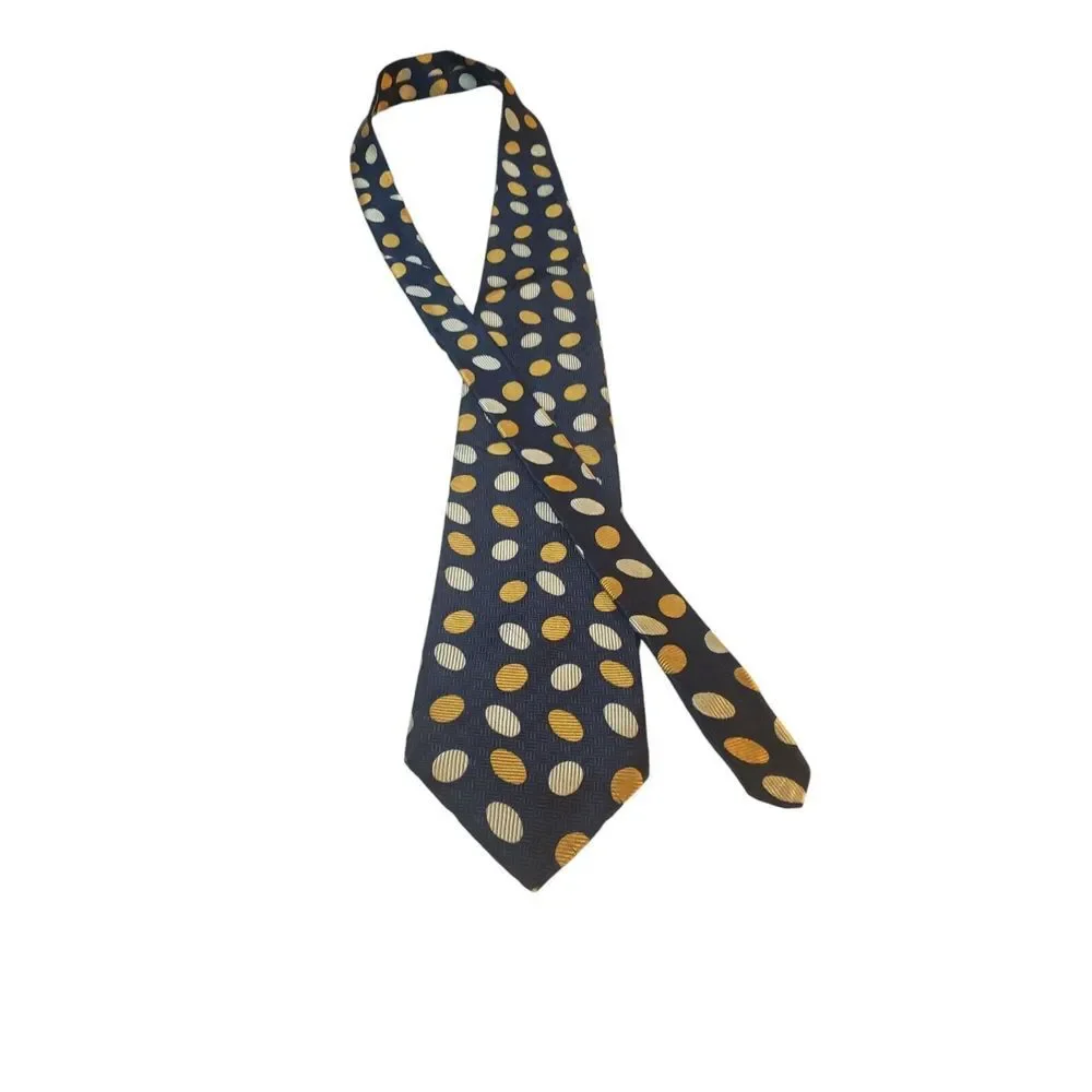 Pierre Balmain Couture Neck Tie Mens 100% Silk Navy Yellow Polka‎ Dots Business